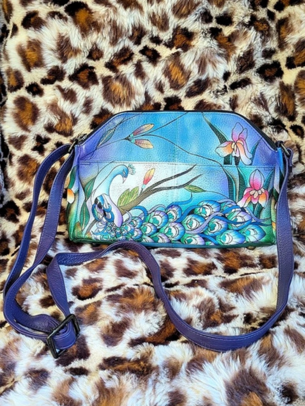 Anuschka Hand-Painted Leather Peacock Crossbody Bag